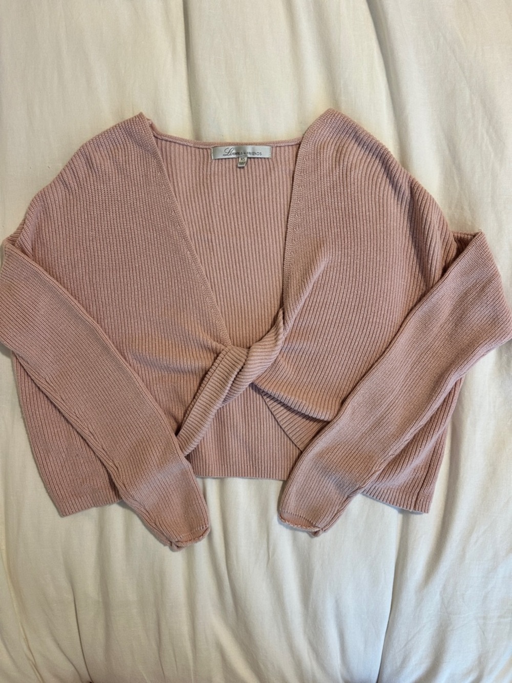 Lovers + Friends Dusty Rose Ribbed V-Neck Tie-Front Sweater